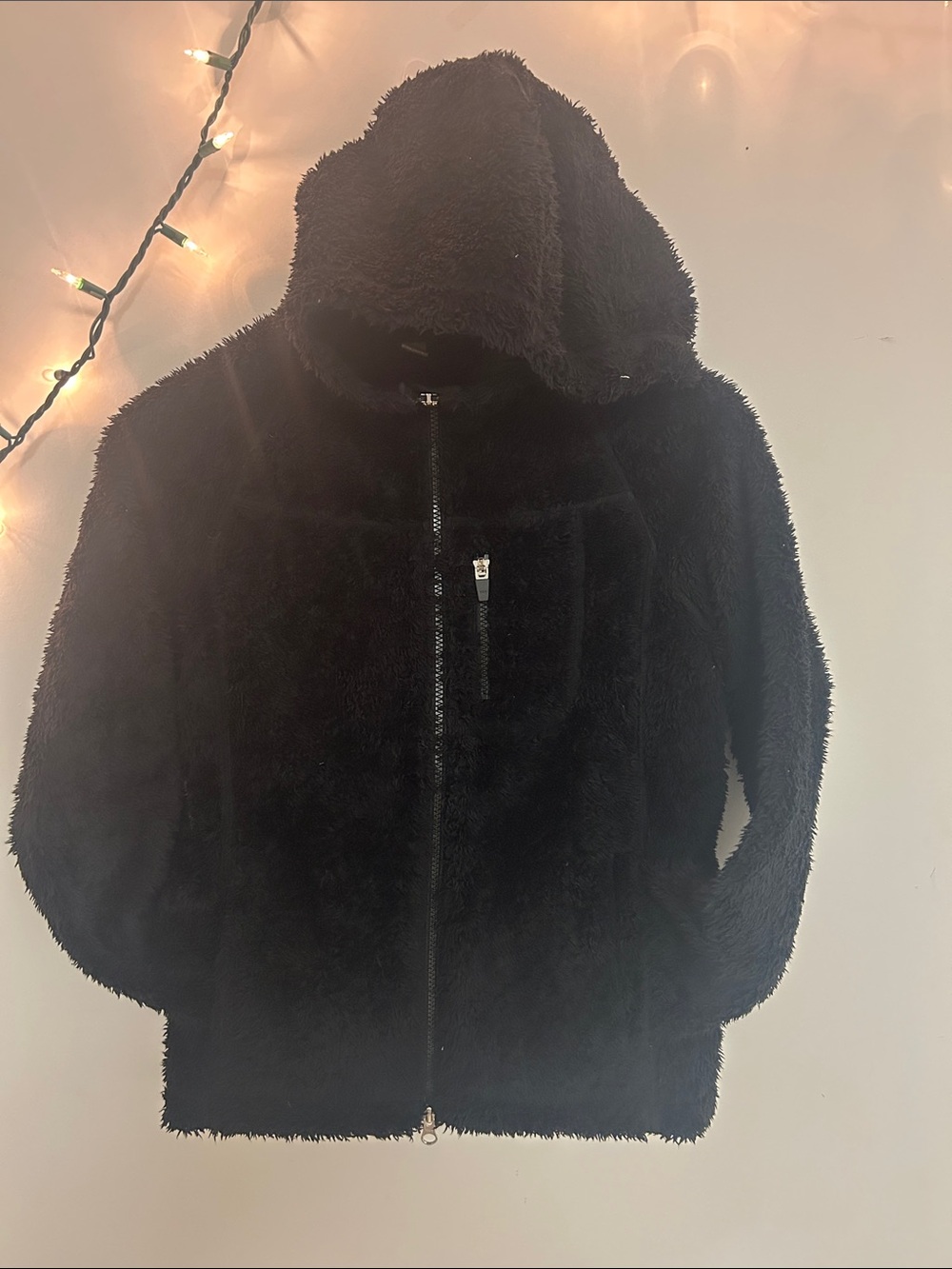 Plush Black Fuzzy Hooded Zip Jacket